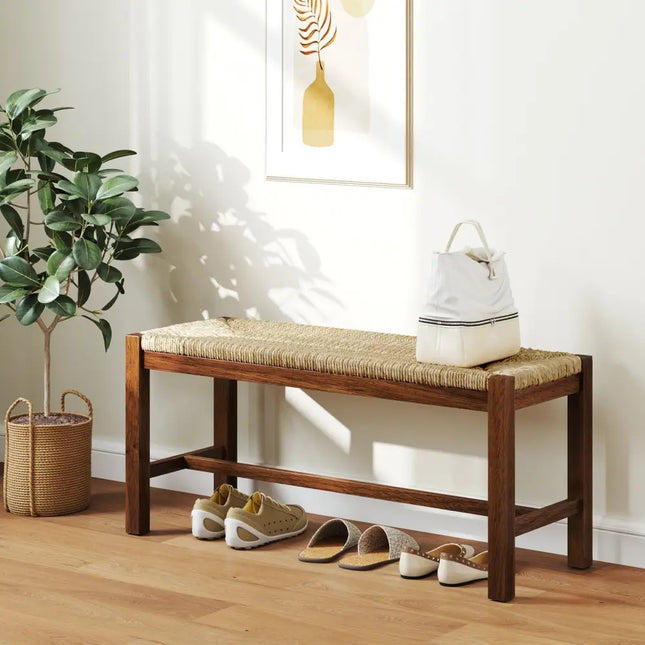 40 Inch Long Wood Bench with Solid Rubber Wood Frame-Walnut - Walnut - Shoe Racks & Storage Benches