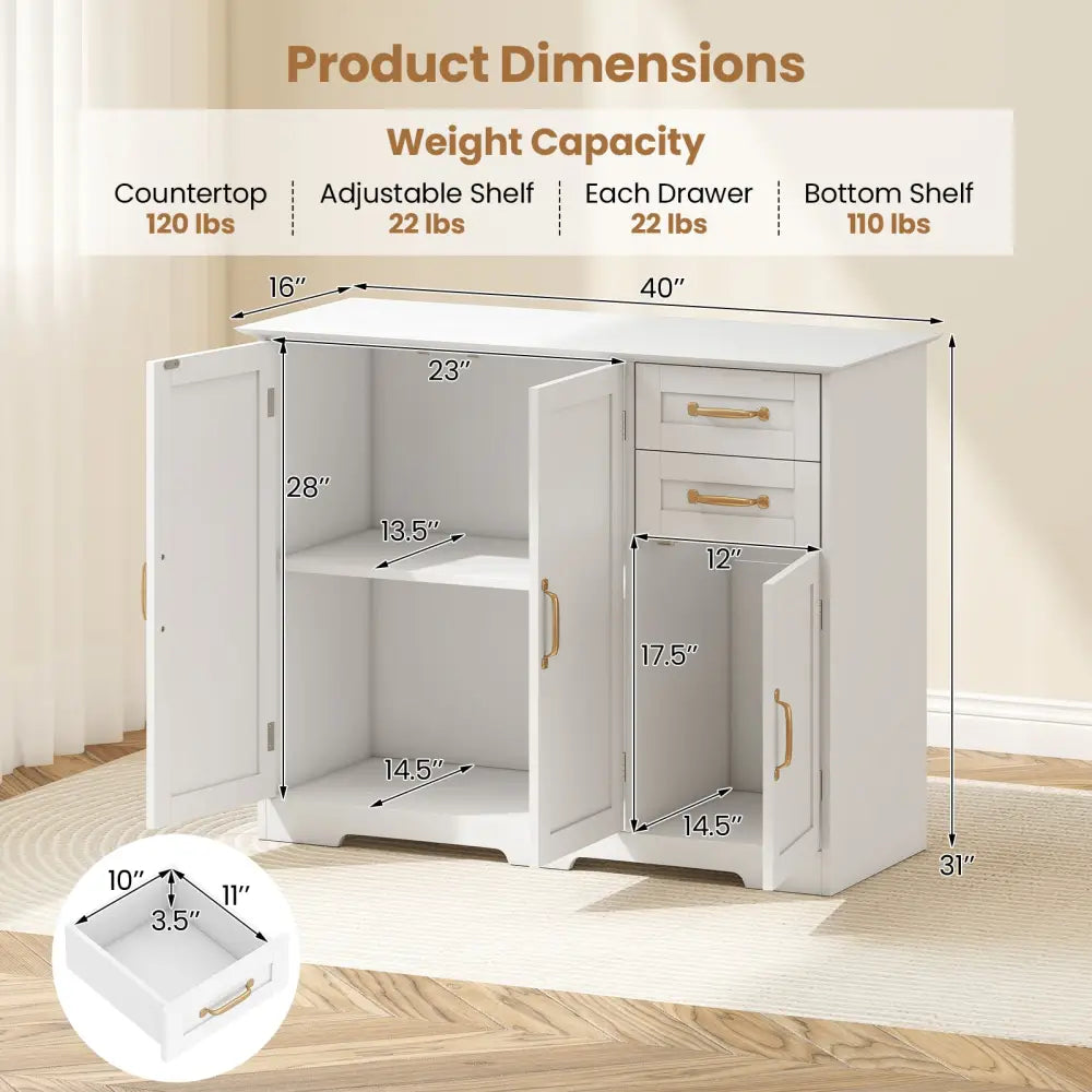 40 Inch Modern Kitchen Sideboard Buffet Cabinet with 2 Drawers and Adjustable Shelf-White - White - Sideboards Cabinets