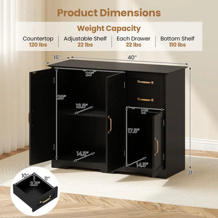 40 Inch Modern Kitchen Sideboard Buffet Cabinet with 2 Drawers and Adjustable Shelf-Black Costway