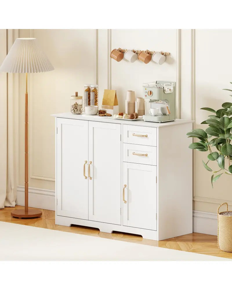 40 Inch Modern Kitchen Sideboard Buffet Cabinet with 2 Drawers and Adjustable Shelf-White - White - Sideboards Cabinets
