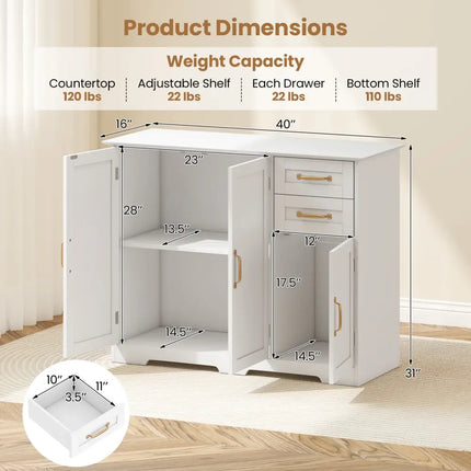 40 Inch Modern Kitchen Sideboard Buffet Cabinet with 2 Drawers and Adjustable Shelf-White Costway