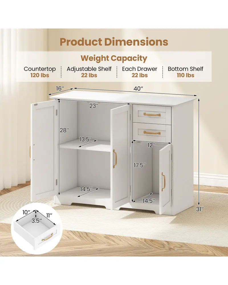 40 Inch Modern Kitchen Sideboard Buffet Cabinet with 2 Drawers and Adjustable Shelf-White - White - Sideboards Cabinets