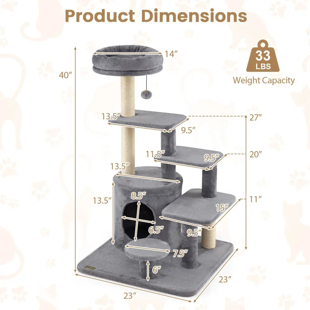 40 Inch Multi-level Cat Tower with Condo and Dangling Jingle Ball-Gray - Gray - Cat Trees Condos & Scratchers