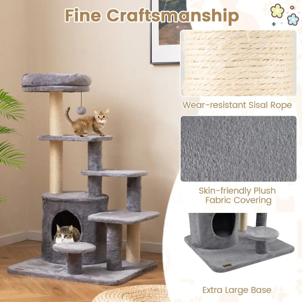 40 Inch Multi-level Cat Tower with Condo and Dangling Jingle Ball-Gray - Gray - Cat Trees Condos & Scratchers