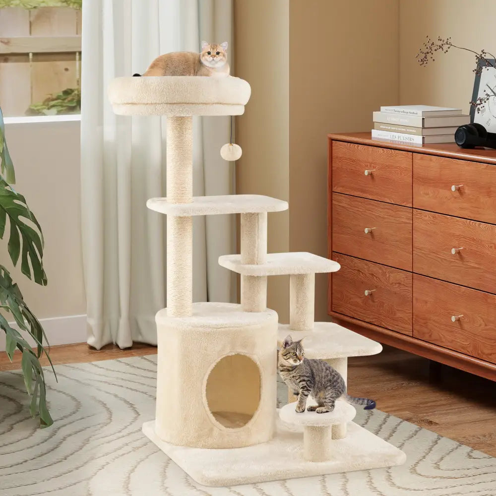 40 Inch Multi-level Cat Tower with Condo and Dangling Jingle Ball-Beige - Beige - Cat Trees Condos & Scratchers