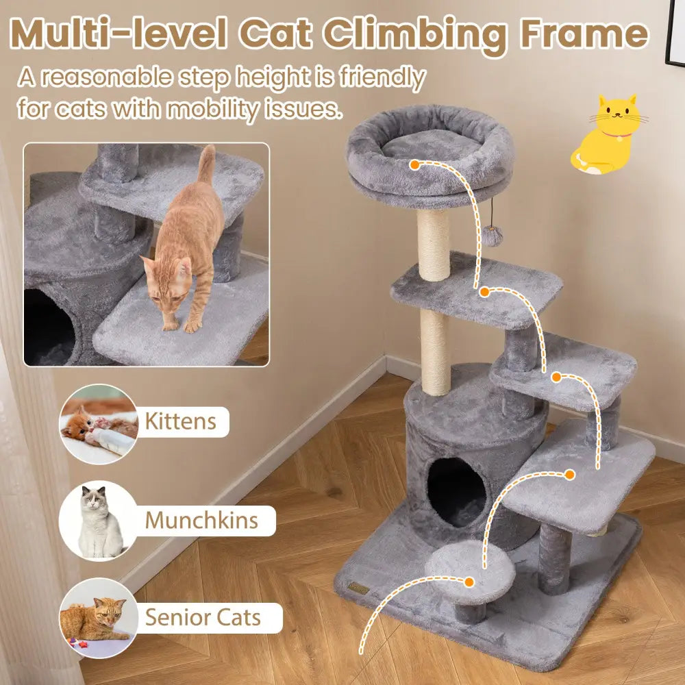 40 Inch Multi-level Cat Tower with Condo and Dangling Jingle Ball-Gray - Gray - Cat Trees Condos & Scratchers