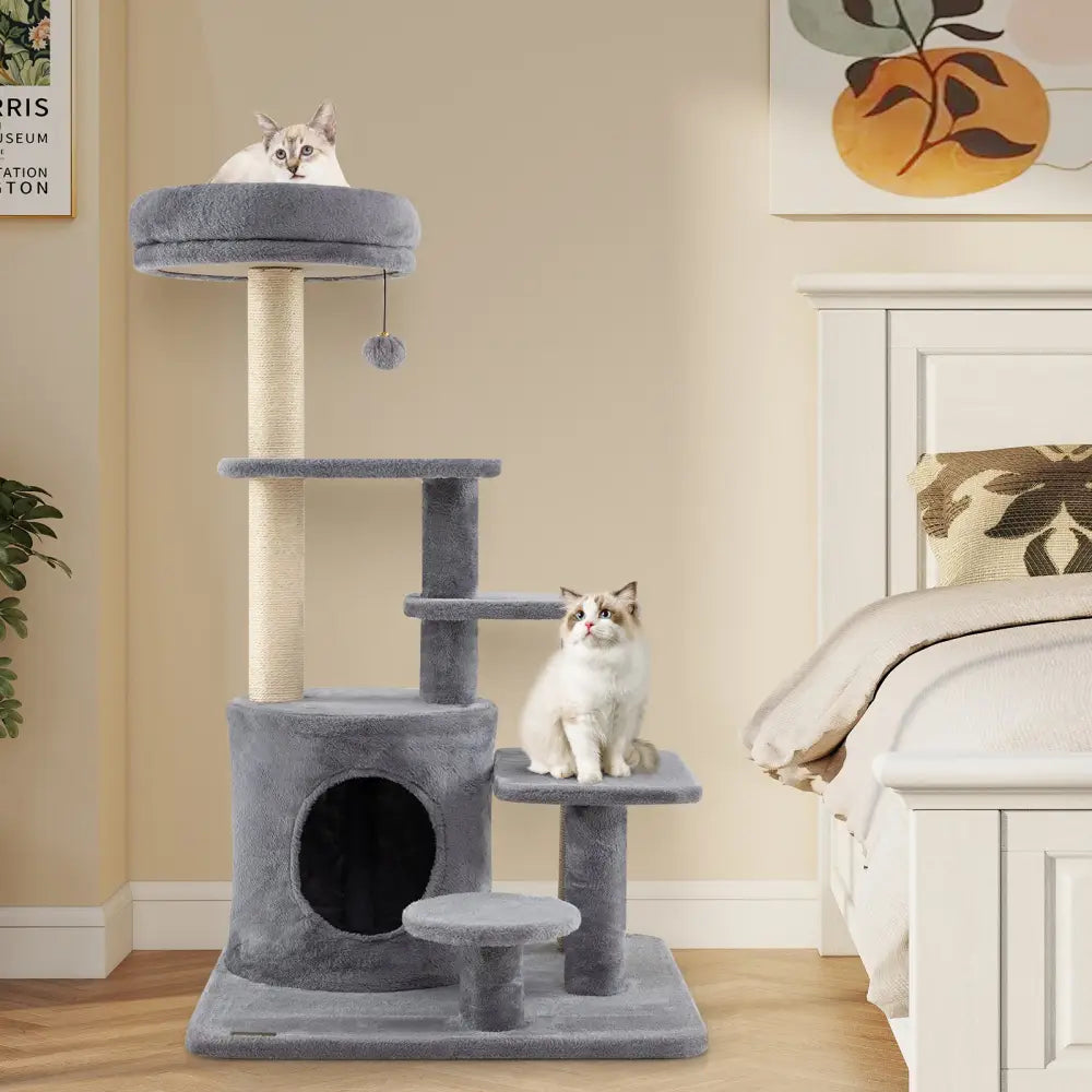 40 Inch Multi-level Cat Tower with Condo and Dangling Jingle Ball-Gray - Gray - Cat Trees Condos & Scratchers