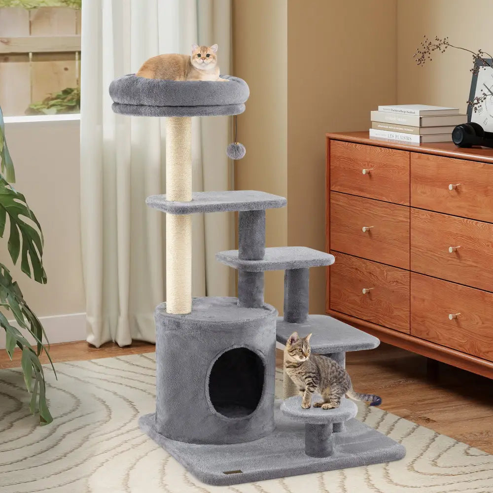 40 Inch Multi-level Cat Tower with Condo and Dangling Jingle Ball-Gray - Gray - Cat Trees Condos & Scratchers