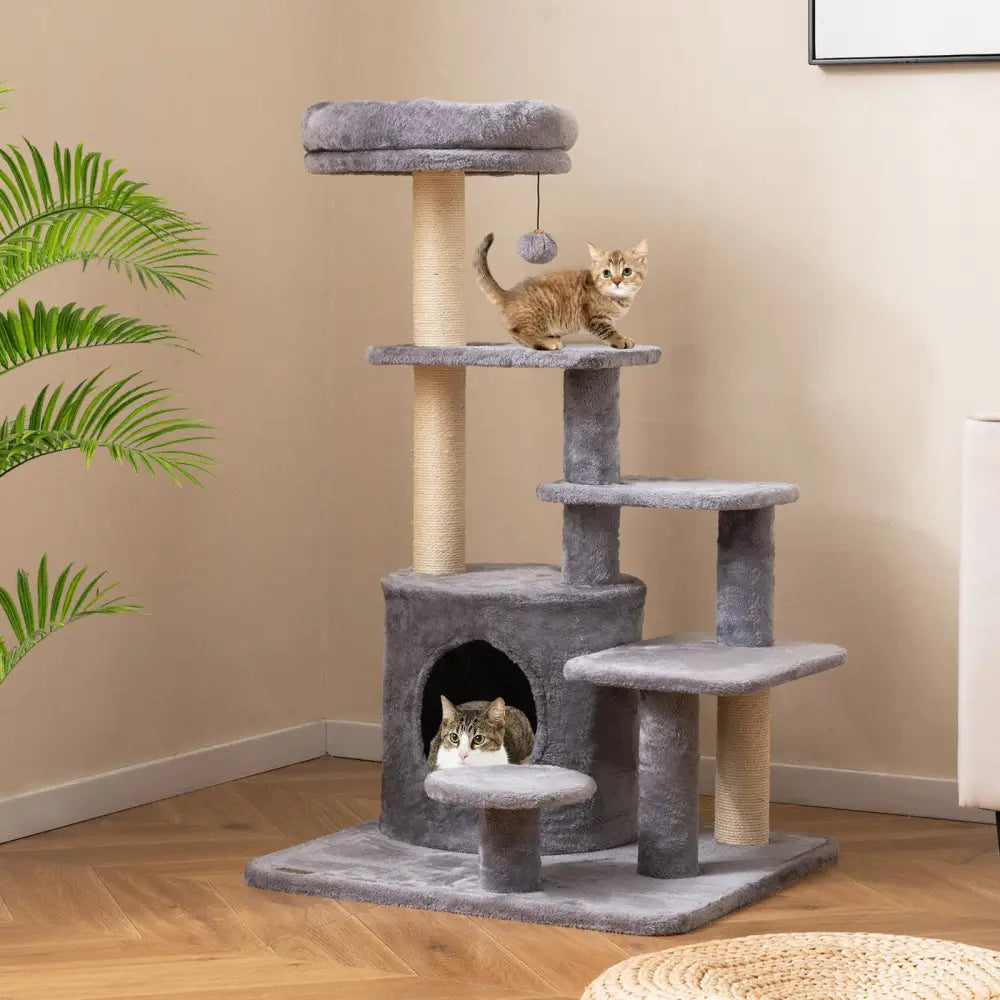40 Inch Multi-level Cat Tower with Condo and Dangling Jingle Ball-Gray - Gray - Cat Trees Condos & Scratchers