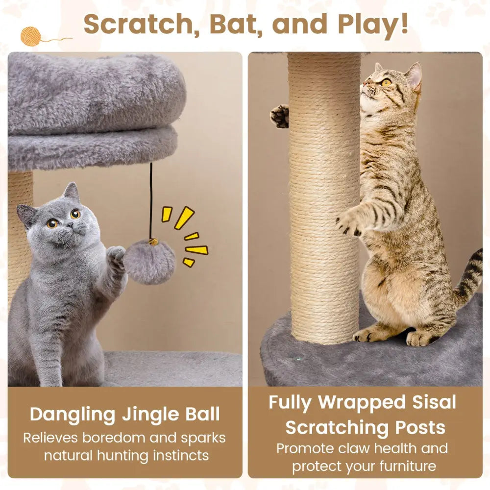 40 Inch Multi-level Cat Tower with Condo and Dangling Jingle Ball-Gray - Gray - Cat Trees Condos & Scratchers