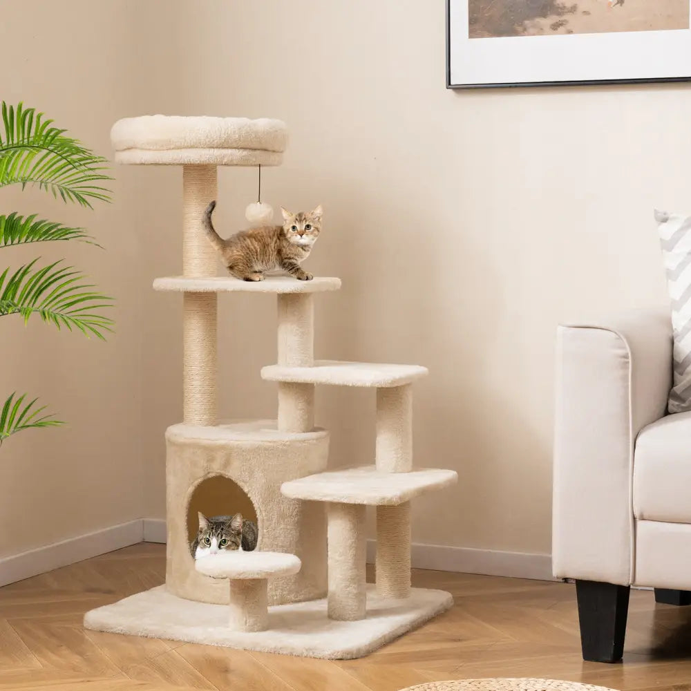 40 Inch Multi-level Cat Tower with Condo and Dangling Jingle Ball-Beige - Beige - Cat Trees Condos & Scratchers