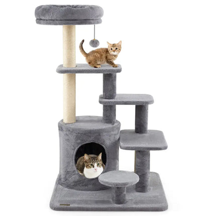 40 Inch Multi - level Cat Tower with Condo and Dangling Jingle Ball - Gray - Oasis Home Essentials