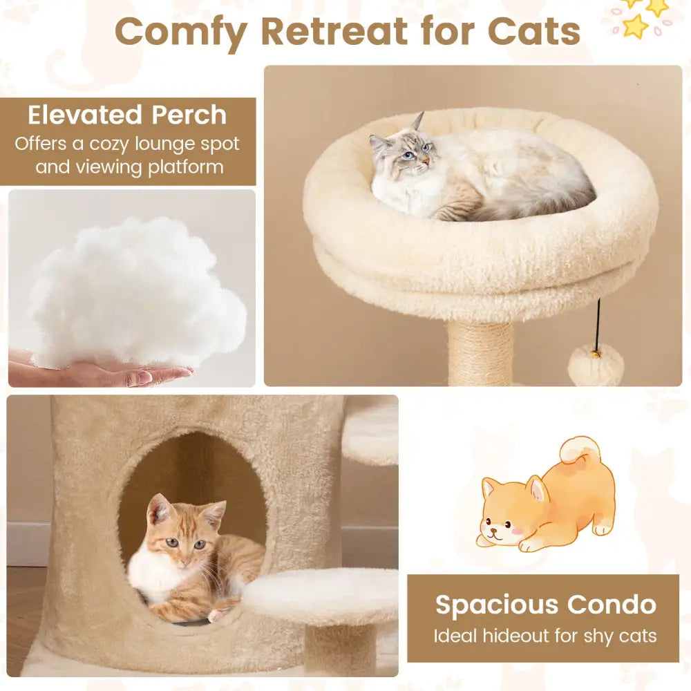 40 Inch Multi-level Cat Tower with Condo and Dangling Jingle Ball-Beige - Beige - Cat Trees Condos & Scratchers