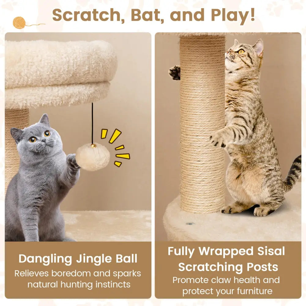 40 Inch Multi-level Cat Tower with Condo and Dangling Jingle Ball-Beige - Beige - Cat Trees Condos & Scratchers