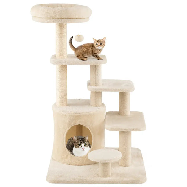 40 Inch Multi-level Cat Tower with Condo and Dangling Jingle Ball-Beige - Beige - Cat Trees Condos & Scratchers