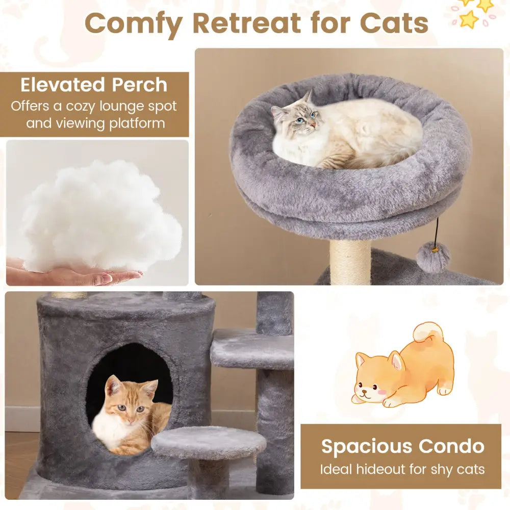 40 Inch Multi-level Cat Tower with Condo and Dangling Jingle Ball-Gray - Gray - Cat Trees Condos & Scratchers