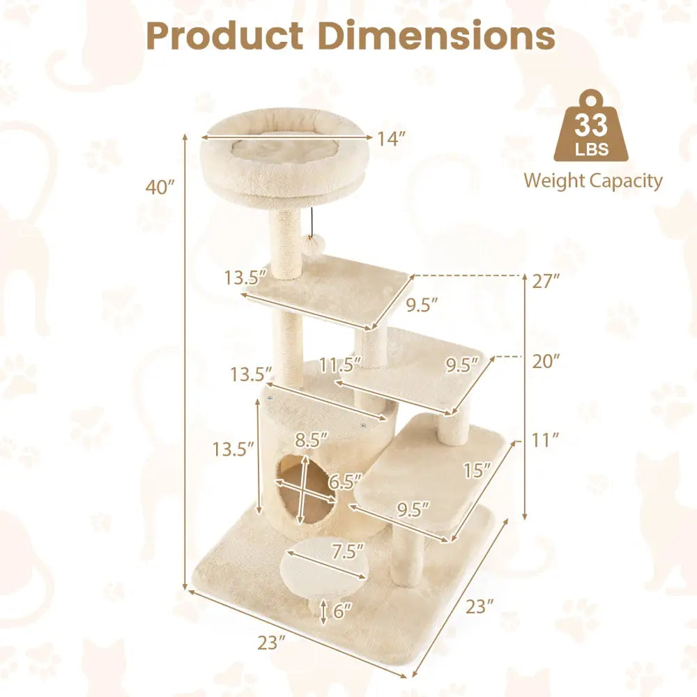 40 Inch Multi-level Cat Tower with Condo and Dangling Jingle Ball-Beige - Beige - Cat Trees Condos & Scratchers