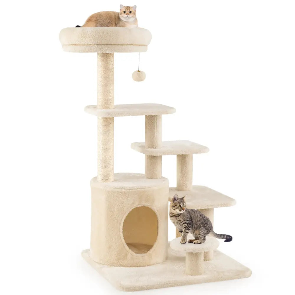 40 Inch Multi-level Cat Tower with Condo and Dangling Jingle Ball-Beige - Beige - Cat Trees Condos & Scratchers