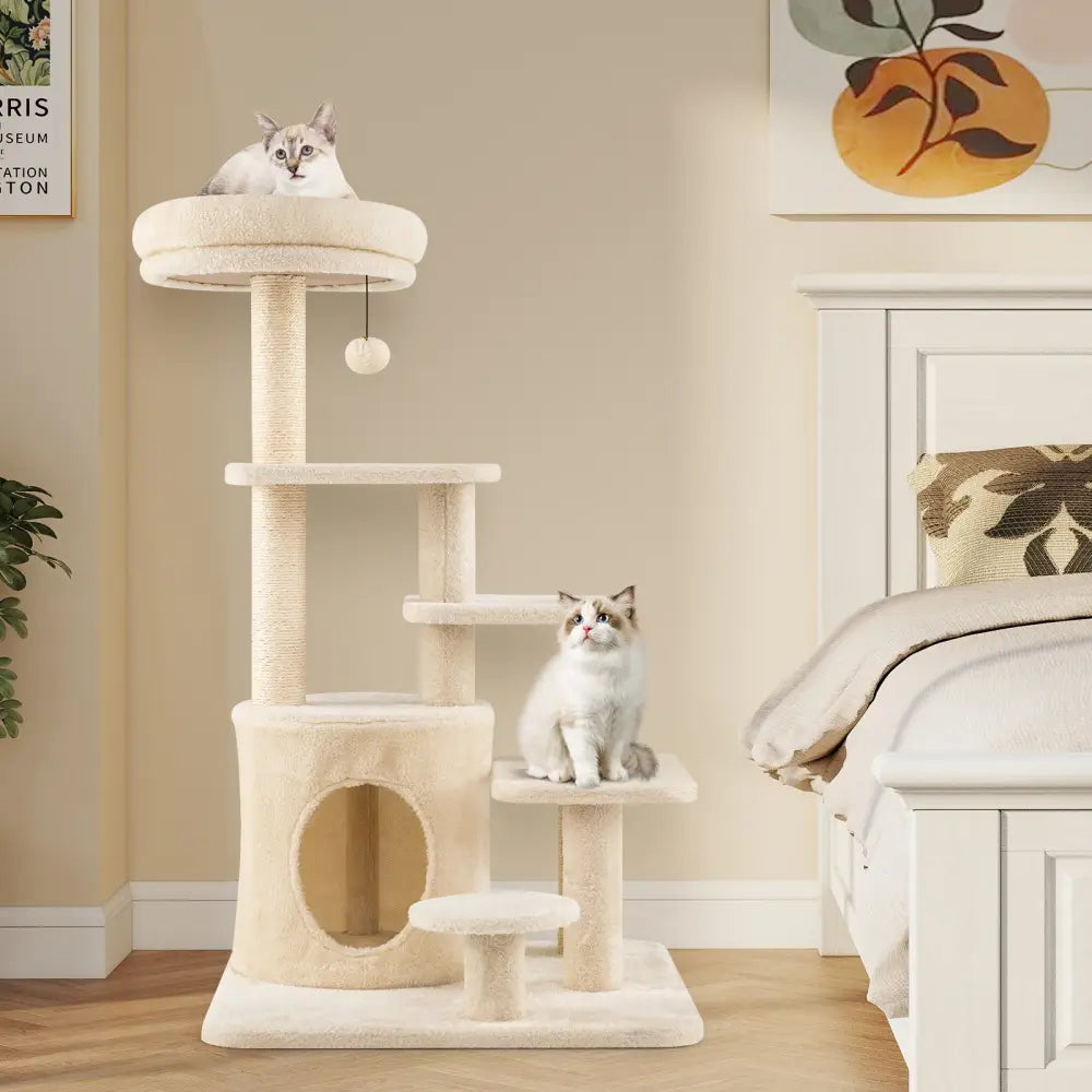 40 Inch Multi-level Cat Tower with Condo and Dangling Jingle Ball-Beige - Beige - Cat Trees Condos & Scratchers