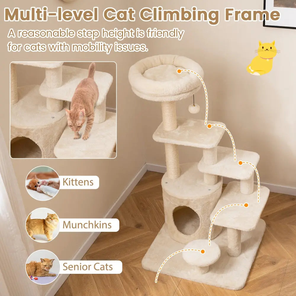 40 Inch Multi-level Cat Tower with Condo and Dangling Jingle Ball-Beige - Beige - Cat Trees Condos & Scratchers