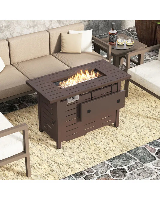 40 Inch Outdoor Propane Fire Pit Rectangle Gas Fire Table with Lava Rocks-Brown - Brown - Fire Pit Tables