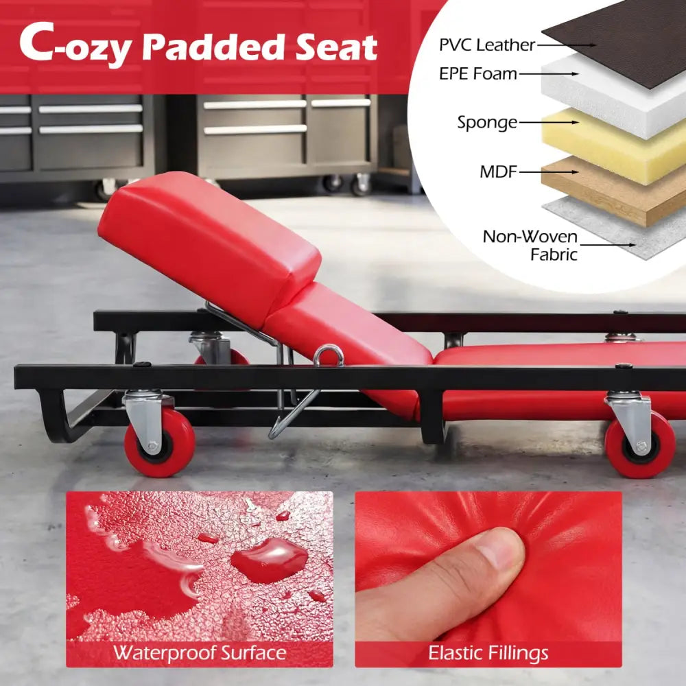 40 Inch Rolling Creeper Padded Mechanic Cart with Adjustable Backrest and Headrest-Red - Red - Garages