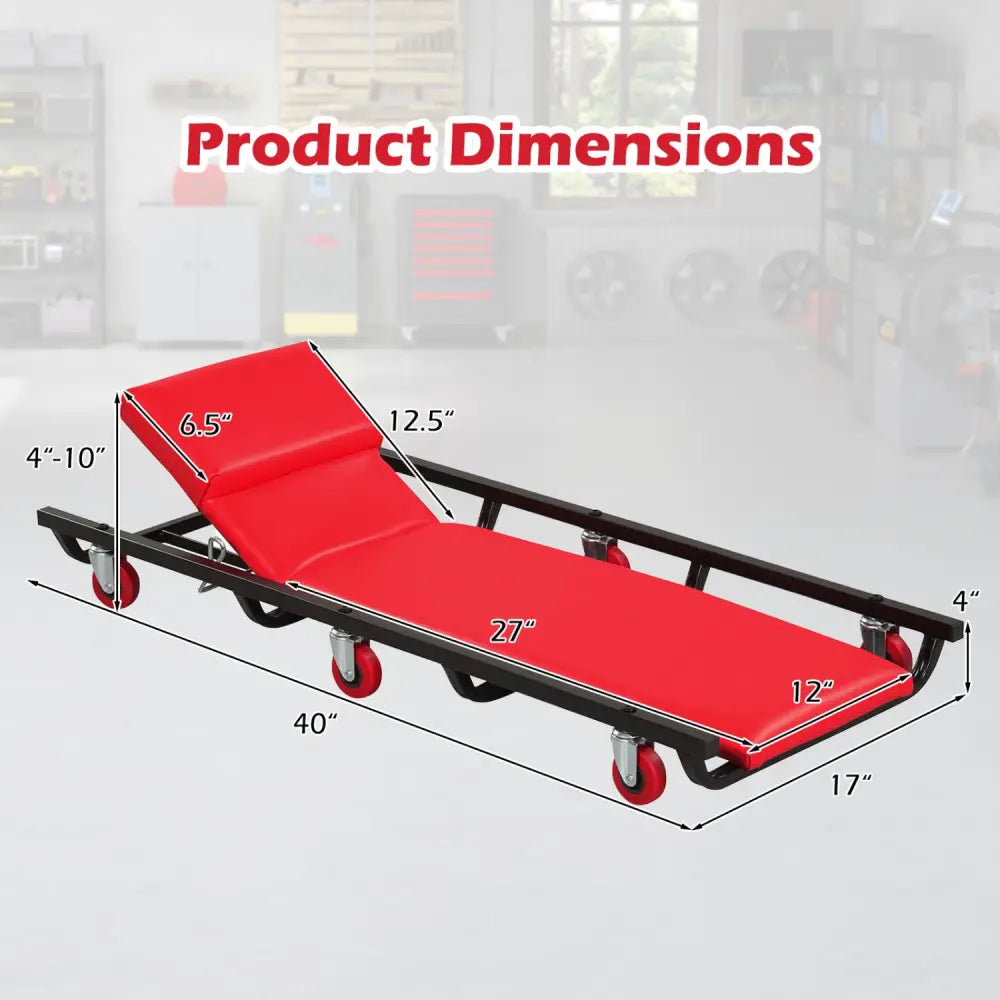 40 Inch Rolling Creeper Padded Mechanic Cart with Adjustable Backrest and Headrest-Red - Red - Garages