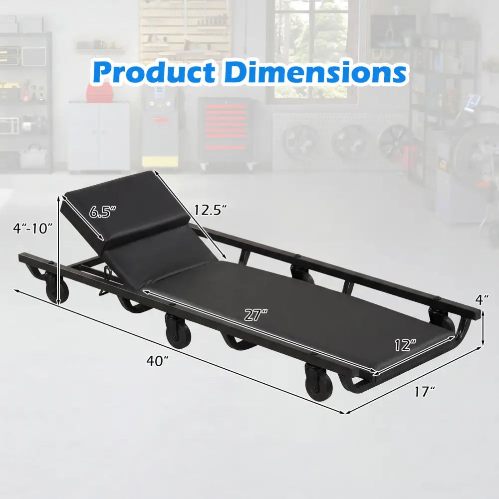 40 Inch Rolling Creeper Padded Mechanic Cart with Adjustable Backrest and Headrest-Black - Black - Garages