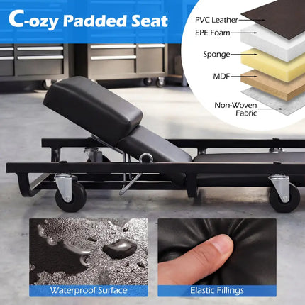 40 Inch Rolling Creeper Padded Mechanic Cart with Adjustable Backrest and Headrest-Black - Black - Garages