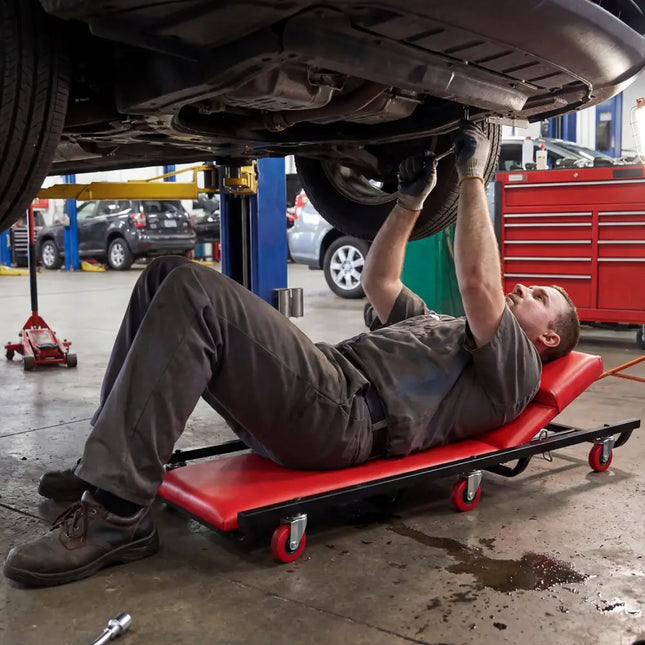 40 Inch Rolling Creeper Padded Mechanic Cart with Adjustable Backrest and Headrest-Red - Red - Garages