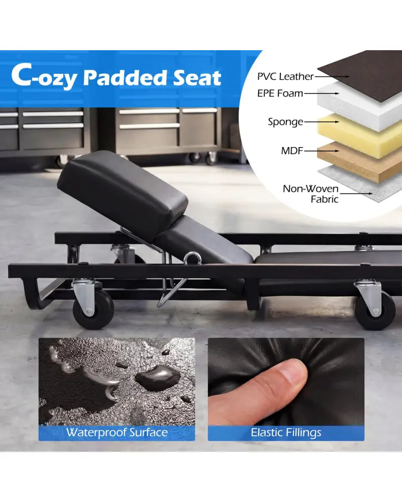 40 Inch Rolling Creeper Padded Mechanic Cart with Adjustable Backrest and Headrest-Black - Black - Garages