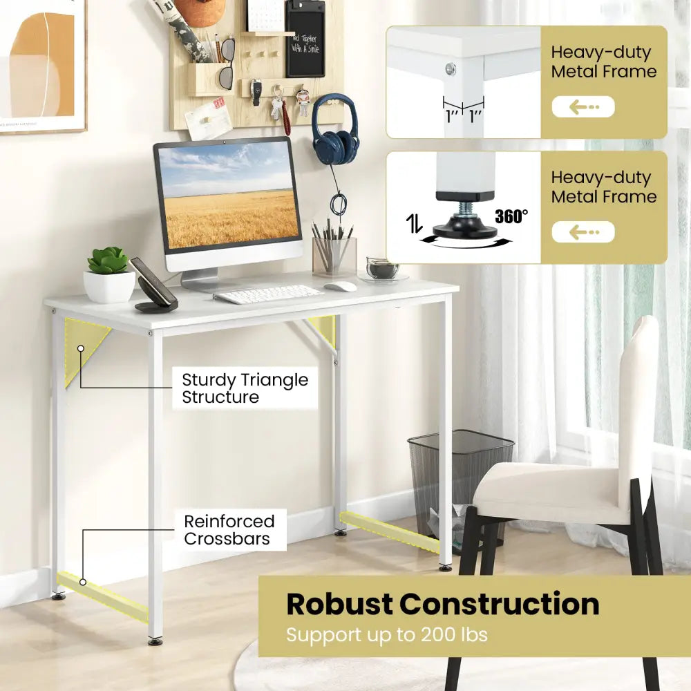 40 Inch Small Computer Desk with Heavy-duty Metal Frame-White - White - Computer Desks