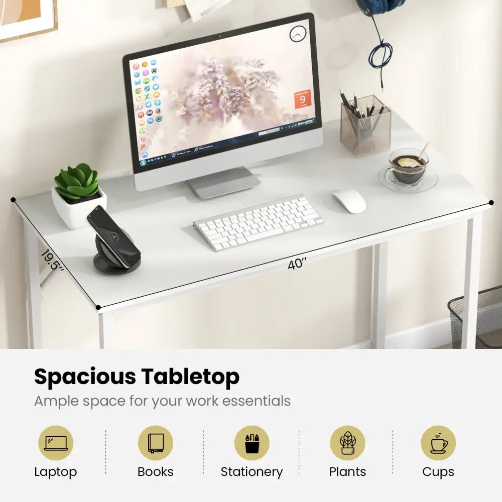 40 Inch Small Computer Desk with Heavy-duty Metal Frame-White - White - Computer Desks