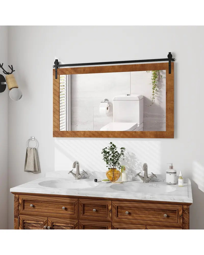 40 Inch x 26 Inch Rectangle Barn Door Style Wall Mounted Mirror with Solid Wood Frame and Metal Bracket-Brown - Brown