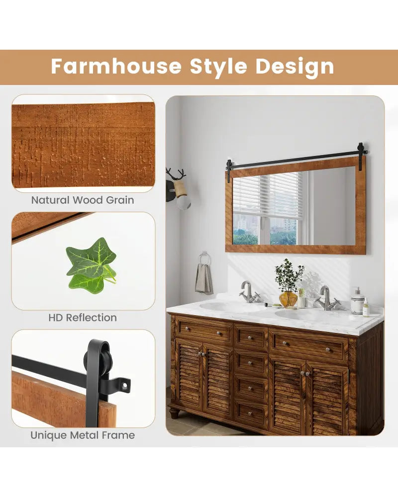 40 Inch x 26 Inch Rectangle Barn Door Style Wall Mounted Mirror with Solid Wood Frame and Metal Bracket-Brown - Brown