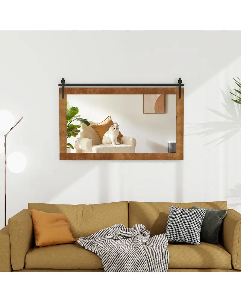40 Inch x 26 Inch Rectangle Barn Door Style Wall Mounted Mirror with Solid Wood Frame and Metal Bracket-Brown - Brown