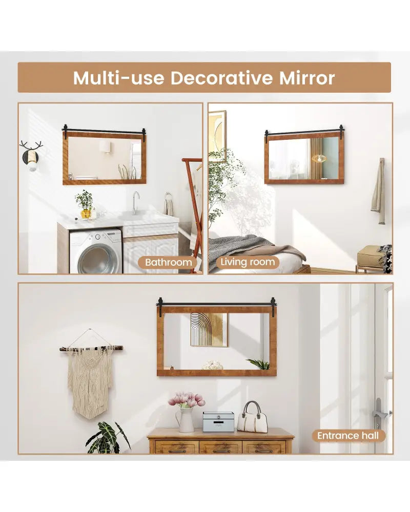 40 Inch x 26 Inch Rectangle Barn Door Style Wall Mounted Mirror with Solid Wood Frame and Metal Bracket-Brown - Brown
