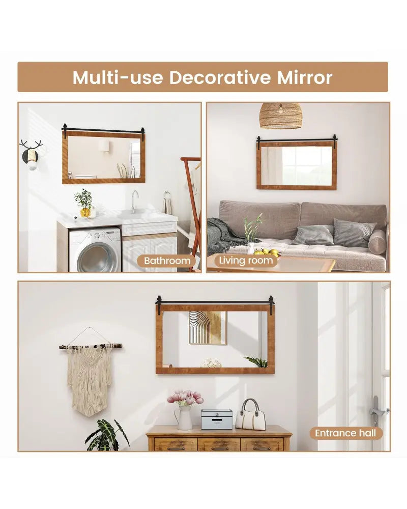 40 Inch x 26 Inch Rectangle Barn Door Style Wall Mounted Mirror with Solid Wood Frame and Metal Bracket-Brown - Brown