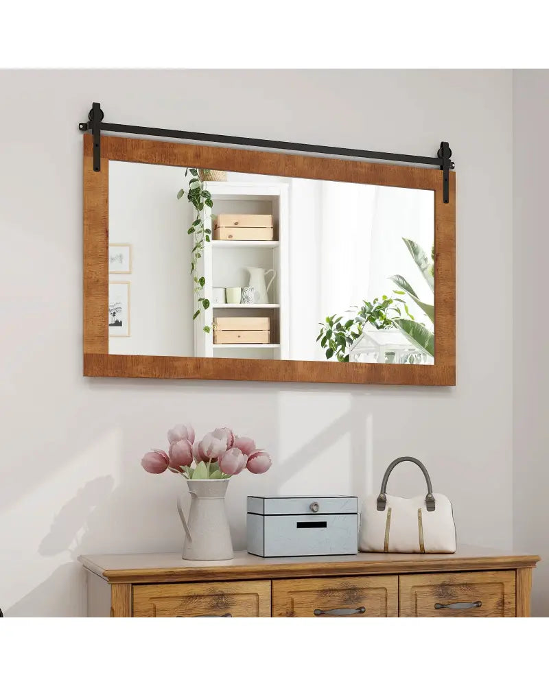 40 Inch x 26 Inch Rectangle Barn Door Style Wall Mounted Mirror with Solid Wood Frame and Metal Bracket-Brown - Brown