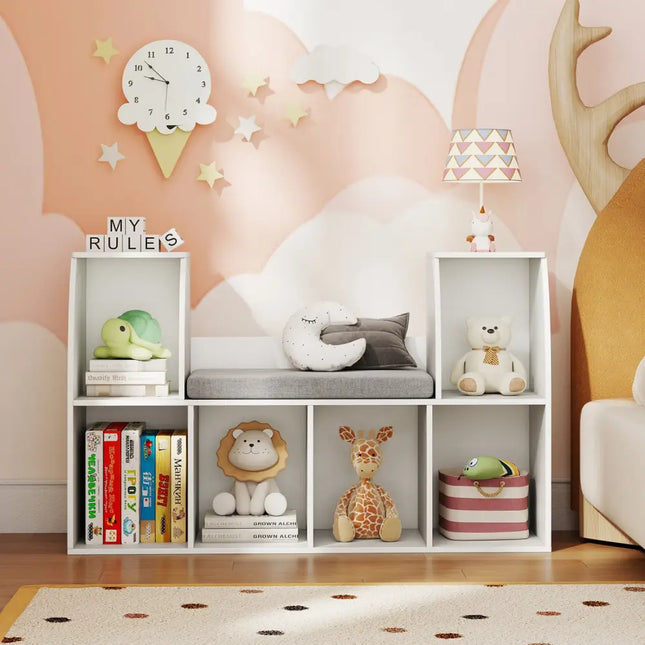 40 Inches Kids Bookshelf with Reading Nook Bookcase with 6 Open Cubes-White - White - Kids Storage