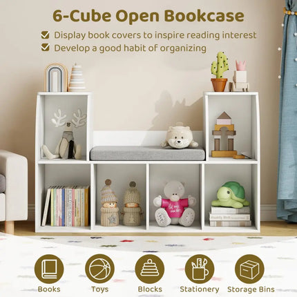 40 Inches Kids Bookshelf with Reading Nook Bookcase with 6 Open Cubes-White - White - Kids Storage