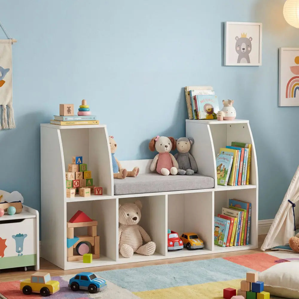 40 Inches Kids Bookshelf with Reading Nook Bookcase with 6 Open Cubes-White - White - Kids Storage