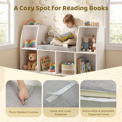 40 Inches Kids Bookshelf with Reading Nook Bookcase with 6 Open Cubes-White - White - Kids Storage
