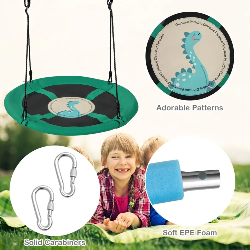 40 Inches Saucer Tree Swing Round with Adjustable Ropes and Carabiners-Green - Green - Swing & Playsets