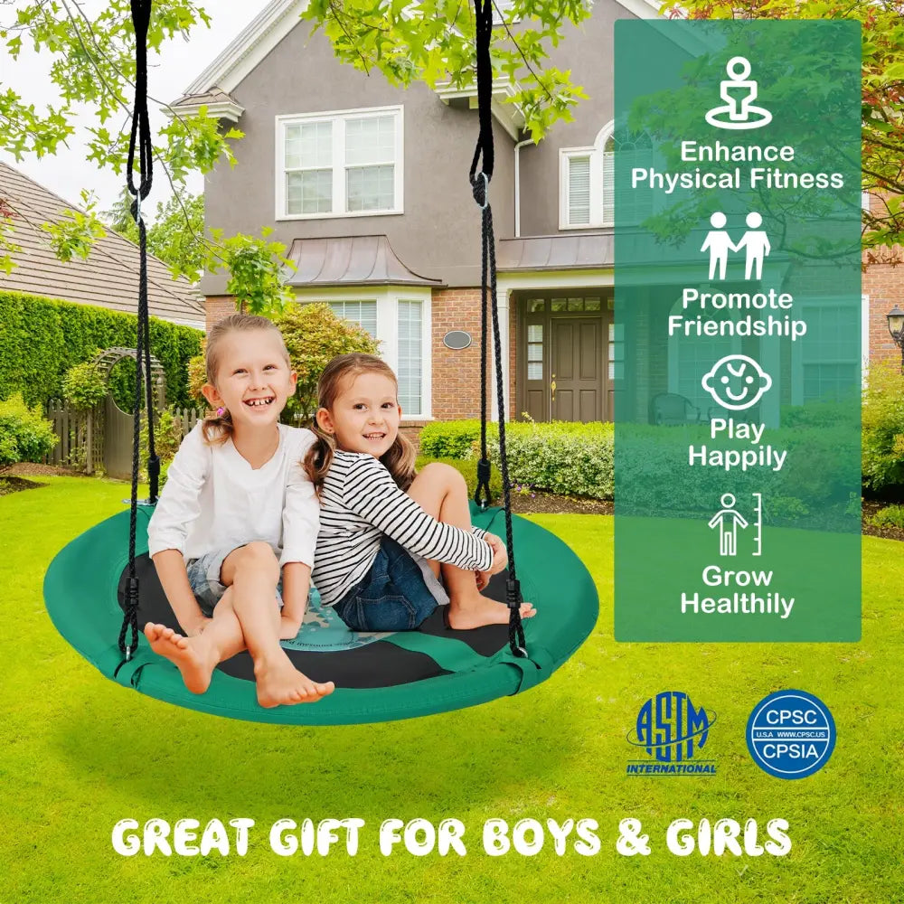 40 Inches Saucer Tree Swing Round with Adjustable Ropes and Carabiners-Green - Green - Swing & Playsets