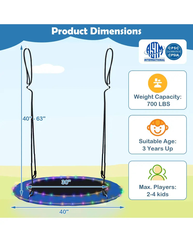 40 Inches Saucer Tree Swing Round with Lights for Kids and Adults-Blue - Blue - Swing & Playsets