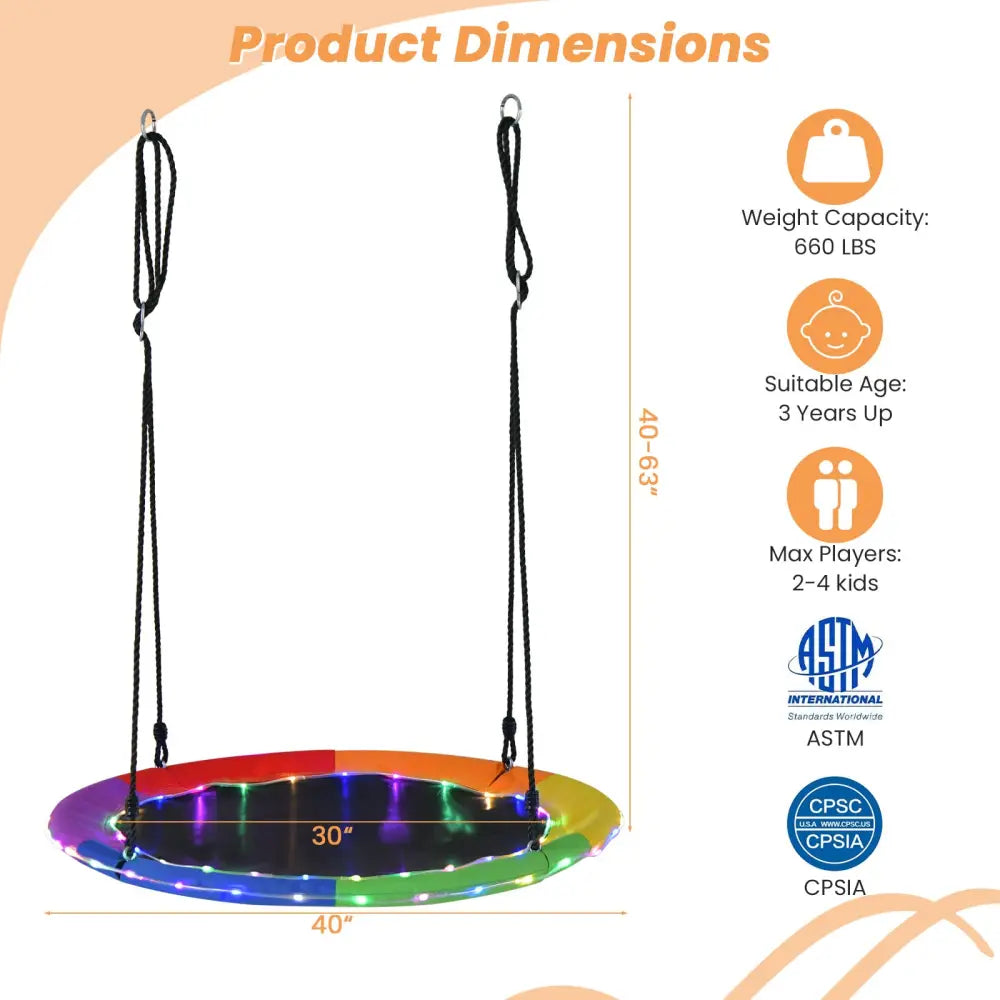 40 Inches Saucer Tree Swing Round with Lights for Kids and Adults-Multicolor - Multicolor - Swing & Playsets