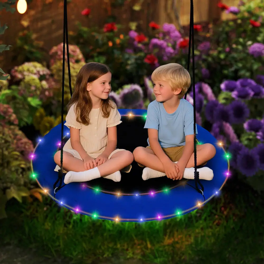 40 Inches Saucer Tree Swing Round with Lights for Kids and Adults-Blue - Blue - Swing & Playsets