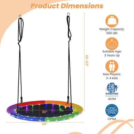 40 Inches Saucer Tree Swing Round with Lights for Kids and Adults-Multicolor - Multicolor - Swing & Playsets