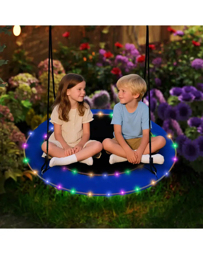 40 Inches Saucer Tree Swing Round with Lights for Kids and Adults-Blue - Blue - Swing & Playsets
